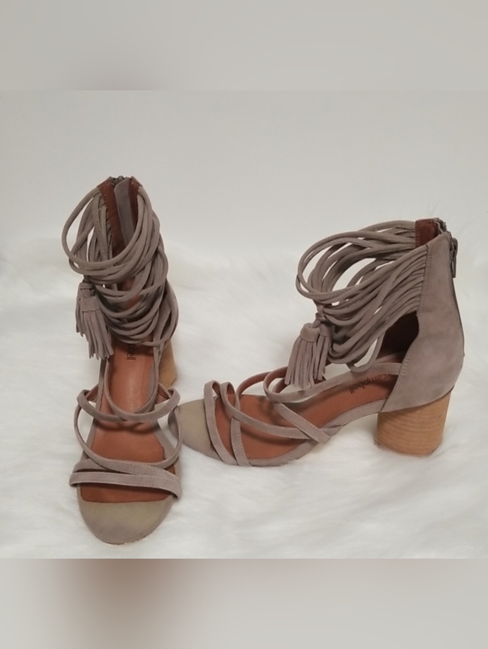 Jeffrey Campbell Despina Taupe Strappy Suede Tassel Wrap Block Heel Sandals